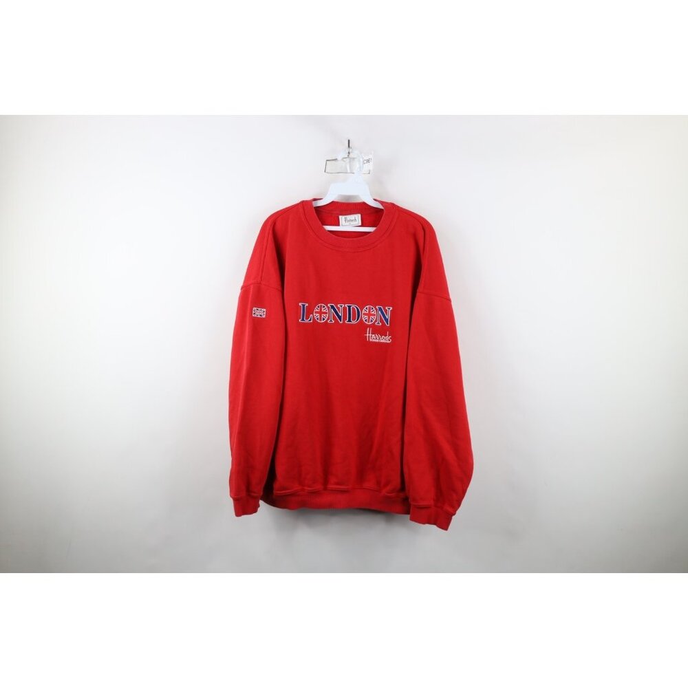 Vintage 90s Harrods Mens Size XL Faded Spell Out London Crewneck Sweatshirt Red